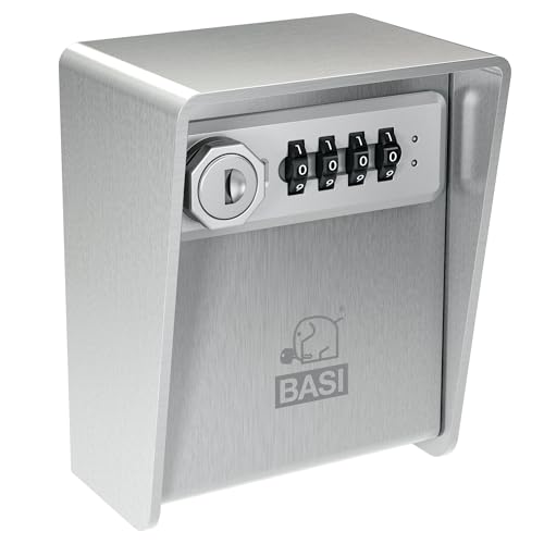 BASI | Schlüsselsafe mit Zahlenschloss und Notschlüsselfunktion | 3 mm starkes Edelstahl | 4-stelliger Zahlencode individuell einstellbar | Schlüsselbox für Innen- Außenbereich | Schlüsseltresor von BASI