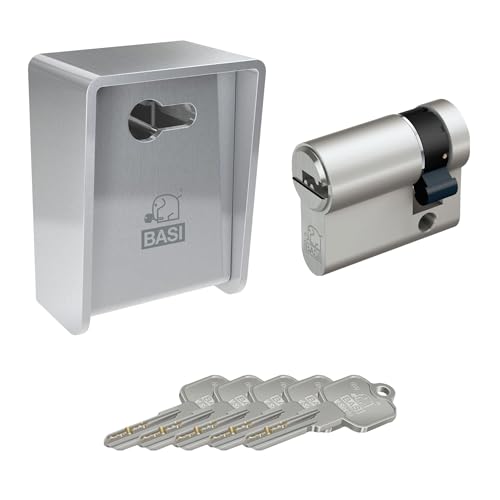 BASI | SET aus Schlüsselsafe mit passendem Profil-Halbzylinder und 5 Wendeschlüssel | Hochwertiges Edelstahl | Schlüssel Tresor | Schlüsselbox für Innen- und Außenbereich | Wandmontage von BASI