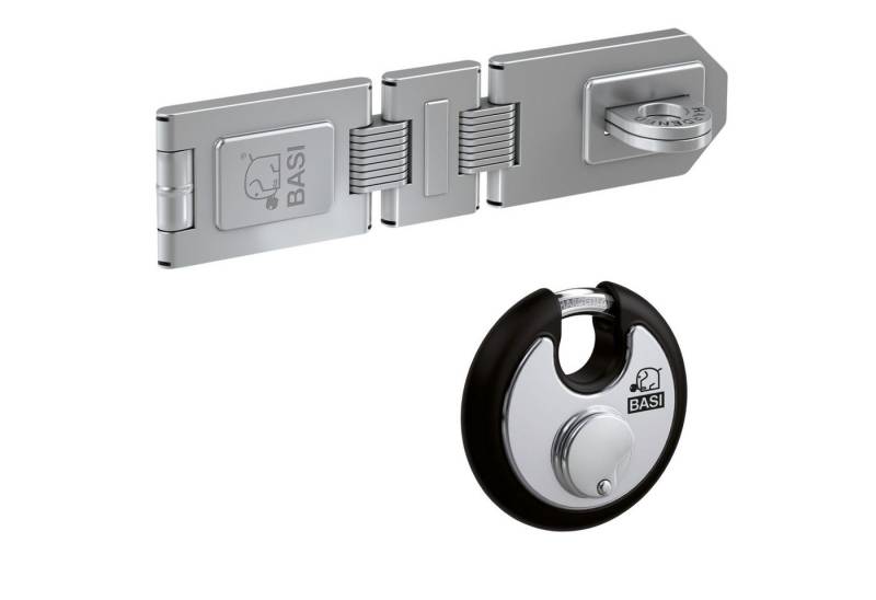BASI Sicherheits-Stallriegel Sicherheitsüberfalle, Sicherheitsüberfalle 2 Gelenke - inkl. RVS 610W Vorhangschloss, (Spar-Set), witterungsfestes Rundbügelschloss, 2 Gelenke und Öse, Länge: 195 mm von BASI