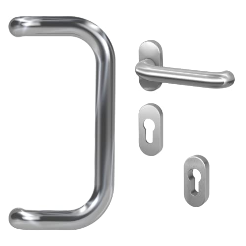 BASI | Stoßgriff Komplett-SET | Stoßgriff U-Form + Schmalrahmen-Garnitur + Schutzrosette PZ oval aus Edelstahl | Beschlag Türgriff Set für Haustür | Montagematerial von BASI