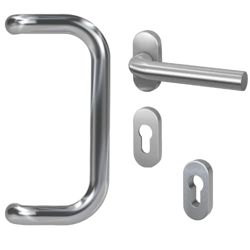 BASI | Stoßgriff Komplett-SET | Stoßgriff U-Form + Schmalrahmen-Garnitur + Schutzrosette PZ oval aus Edelstahl | Beschlag Türgriff Set für Haustür | Montagematerial von BASI
