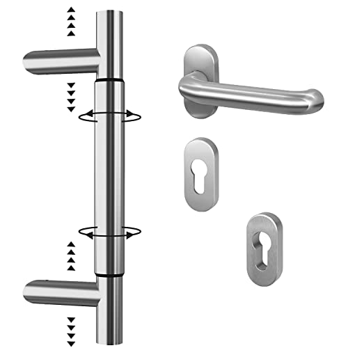 BASI | Stoßgriff Variabel Komplett-SET | Stangengriff flexibel einstellbar + Schmalrahmen-Garnitur + Schutzrosette PZ oval aus Edelstahl | Beschlag Türgriff Set für Haustür | Montagematerial von BASI