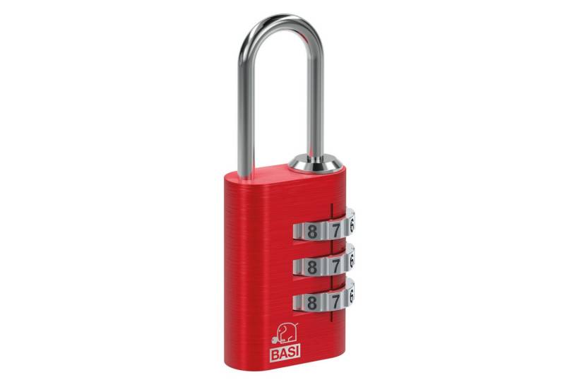 BASI Vorhängeschloss Kofferschloss mit 3-stelliger Zahlenkombination, (Packung, 1-tlg), Breite 20 mm, Aluminiumgehäuse und Stahlbügel, Farbe Rot von BASI