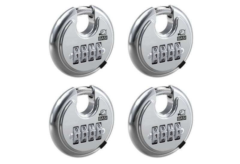 BASI Vorhängeschloss Rundbügelschloss, (Packung, 4-tlg), mit Zahlenschloss 4-stellig, Korpus aus Edelstahl, Ø 70 mm, 4 Stück von BASI