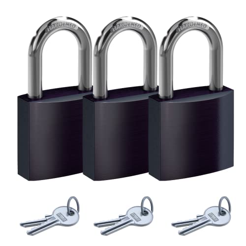 BASI | Vorhangschloss bunt im 3er Set | Farbe Schwarz | verschiedenschließend | 38 mm | Aluminium-Gehäuse | gehärteter Stahlbügel | sicheres Vorhängeschloss | 3 Stück von BASI