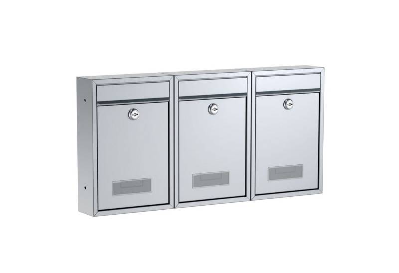 BASI Wandbriefkasten Wandbriefkasten, Maße 320 x 215 x 82 mm (Spar-Set, 3-St), 3er Set, Namensschild, Zylindersch., 2 Schlüssel, silber matt von BASI