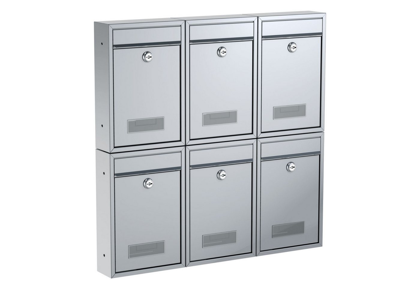 BASI Wandbriefkasten Wandbriefkasten, Maße 320 x 215 x 82 mm (Spar-Set, 6-St), 6er Set, Namensschild, Zylindersch., 2 Schlüssel, silber matt von BASI