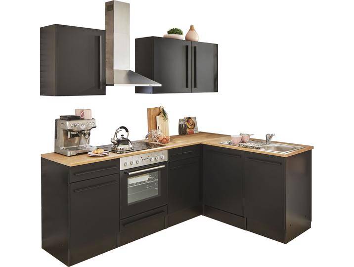 Winkelküche BASIC BY BALCULINA Jazz , schwarz (front: schwarz matt, korpus: schwarz matt, arbeitsplatte: lanzelot eichefarben), B:220cm H:200cm T:60cm, Komplettküchen-Sets, Stellbreite 220x175 cm, wahlweise mit E-Geräten von BASIC by Balculina