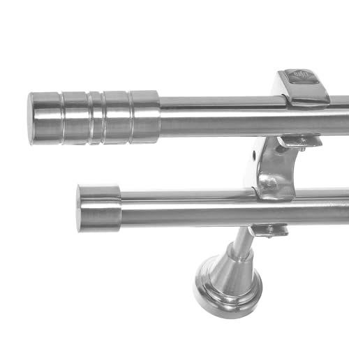 BASIT Gardinenstange 2 läufig 180cm lang Edelstahl Look I Gardinenstange doppelläufig Wandmontage Ø20mm mit Zylinder I In 120-600cm verfügbar H60RR von BASIT