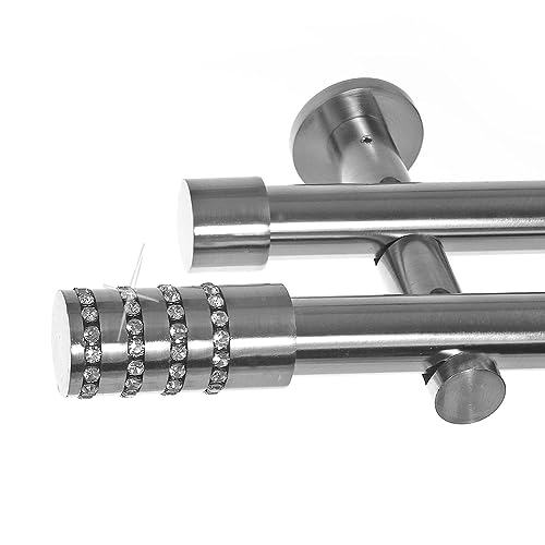BASIT Gardinenstange 2 läufig 280cm lang Edelstahl Look I Gardinenstange doppelläufig Wandmontage Ø20mm mit Zylinder I In 120-600cm verfügbar H41 von BASIT