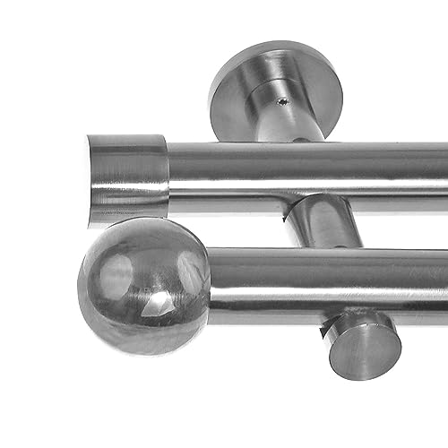 BASIT Gardinenstange 2 läufig 480cm lang Edelstahl Look I Gardinenstange doppelläufig Wandmontage Ø20mm mit Zylinder I In 120-600cm verfügbar H41 von BASIT