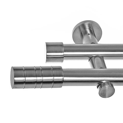 BASIT Gardinenstange 2 läufig 600cm lang Edelstahl Look I Gardinenstange doppelläufig Wandmontage Ø20mm mit Zylinder I In 120-600cm verfügbar H41 von BASIT