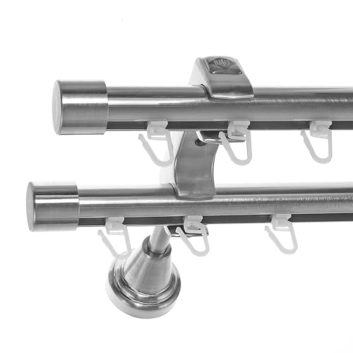 BASIT Gardinenstange 2 läufig Innenlauf Wandmontage 160 cm lang Edelstahl Look Vorhangstange doppelläufig mit Ø20mm Gardinenstangenset zweiläufig H60II von BASIT