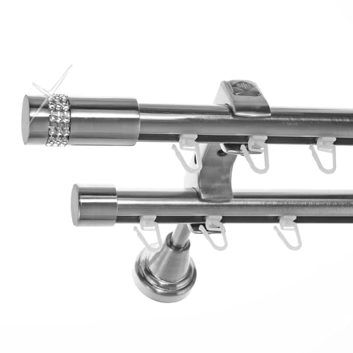 BASIT Gardinenstange 2 läufig Innenlauf Wandmontage 360 cm lang Edelstahl Look Vorhangstange doppelläufig mit Ø20mm Gardinenstangenset zweiläufig H60II von BASIT