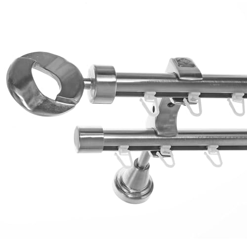 BASIT Gardinenstange 2 läufig Innenlauf Wandmontage 360 cm lang Edelstahl Look Vorhangstange doppelläufig mit Ø20mm Gardinenstangenset zweiläufig H60II von BASIT