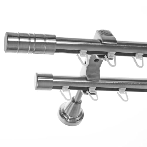 BASIT Gardinenstange 2 läufig Innenlauf Wandmontage 360 cm lang Edelstahl Look Vorhangstange doppelläufig mit Ø20mm Gardinenstangenset zweiläufig H60II von BASIT