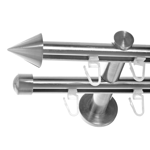 BASIT Gardinenstange 2 läufig Innenlauf Wandmontage 480cm lang Edelstahl Look I Gardinenstange doppelläufig Wandmontage Ø16mm mit Kappen I In 120-600cm verfügbar H80 von BASIT