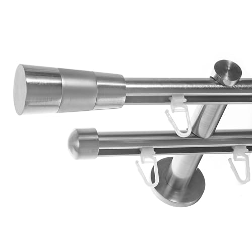 BASIT Gardinenstange 2 läufig Innenlauf Wandmontage 540cm lang Edelstahl Look I Gardinenstange doppelläufig Wandmontage Ø16mm mit Kappen I In 120-600cm verfügbar H80 von BASIT