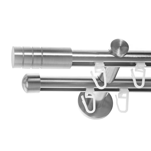 BASIT Gardinenstange 2 läufig Innenlauf Wandmontage 600cm lang Edelstahl Look I Gardinenstange doppelläufig Wandmontage Ø16mm mit Kappen I In 120-600cm verfügbar H80 von BASIT