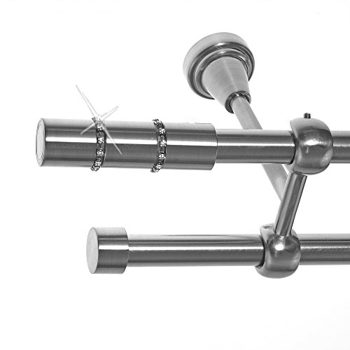 BASIT Gardinenstange I Edelstahl Look Metall Ø 16mm I Vorhangstange I Gardinenstangenset I Deckenbefestigung I 2 läufig mit Deckenmontage I Zylinder mit Kristall I Länge 280 cm I Design D24 E26 E16 von BASIT