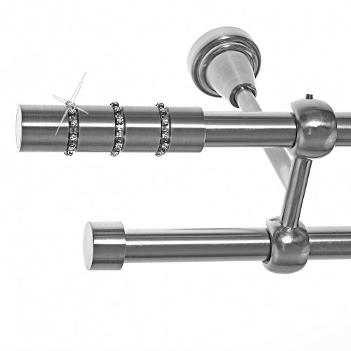 BASIT Gardinenstange I Edelstahl Look Metall Ø 16mm I Vorhangstange I Gardinenstangenset I Deckenbefestigung I 2 läufig mit Deckenmontage I mit Kristall I Länge 400 cm I Design D24 E25 E16 von BASIT