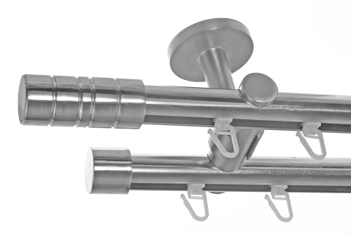 BASIT Innenlauf Gardinenstange 2 läufig Deckenmontage 140 cm lang Edelstahl Look I Vorhangstange mit Schiene 2läufig Ø20mm I 120-600 cm wählbar D40 von BASIT