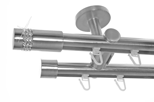 BASIT Innenlauf Gardinenstange 2 läufig Deckenmontage 320 cm lang Edelstahl Look I Vorhangstange mit Schiene 2läufig Ø20mm I 120-600 cm wählbar D40 von BASIT