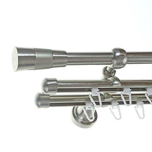 BASIT Rohr + 2X Innenlauf Gardinenstange Wandmontage 3 läufig 200cm lang Edelstahl Look Metall Gardinenstange 3 läufig Wandbefestigung Ø16mm I H14 RII von BASIT