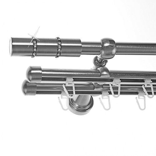 BASIT Rohr + 2X Innenlauf Gardinenstange Wandmontage 3 läufig 280cm lang Edelstahl Look Metall Gardinenstange 3 läufig Wandbefestigung Ø16mm I H14 RII von BASIT
