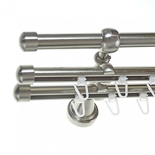 BASIT Rohr + 2X Innenlauf Gardinenstange Wandmontage 3 läufig 320cm lang Edelstahl Look Metall Gardinenstange 3 läufig Wandbefestigung Ø16mm I H14 RII von BASIT