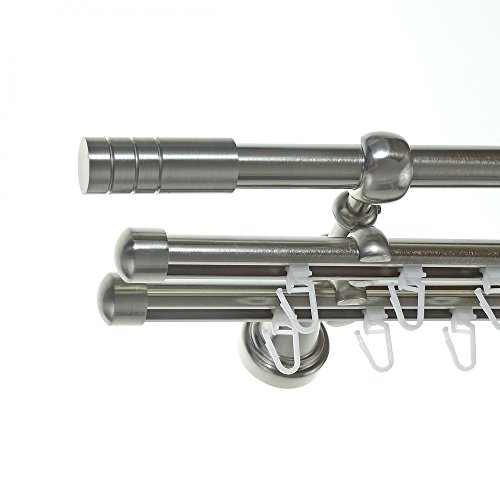BASIT Rohr + 2X Innenlauf Gardinenstange Wandmontage 3 läufig 400cm lang Edelstahl Look Metall Gardinenstange 3 läufig Wandbefestigung Ø16mm I H14 RII von BASIT