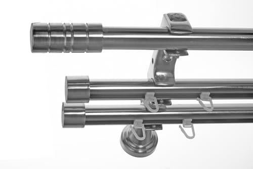 BASIT Rohr + 2x Innenlauf Gardinenstange Wandmontage 3 läufig 400cm lang Edelstahl Look Metall Gardinenstange 3 läufig Wandbefestigung Ø20mm I H60 RII von BASIT