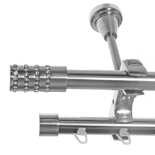 BASIT Rohr + Innenlauf Gardinenstange Deckenmontage 2 läufig 320cm lang Edelstahl Look Metall Gardinenstange 2 läufig Deckenbefestigung Ø20mm I D61 RI von BASIT