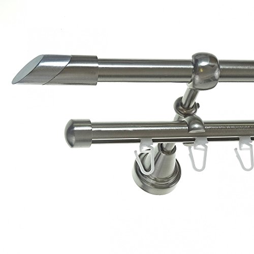 BASIT Rohr + Innenlauf Gardinenstange Wandmontage 2 läufig 140cm lang Edelstahl Look Metall Gardinenstange 2 läufig Wandbefestigung Ø16mm I H14+I von BASIT