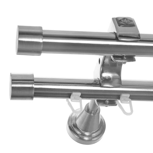 BASIT Rohr + Innenlauf Gardinenstange Wandmontage 2 läufig 320cm lang Edelstahl Look Metall Gardinenstange 2 läufig Wandbefestigung Ø20mm I H60 RI von BASIT