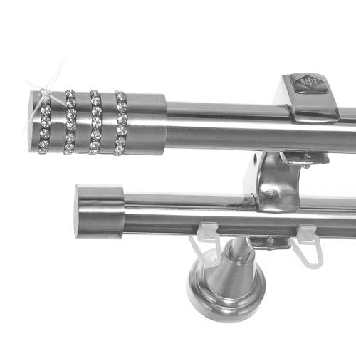 BASIT Rohr + Innenlauf Gardinenstange Wandmontage 2 läufig 360cm lang Edelstahl Look Metall Gardinenstange 2 läufig Wandbefestigung Ø20mm I H60 RI von BASIT