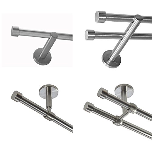 Gardinenstange mit Edelstahlrohr V2A 16mm Wandträger Deckenträger 1-läufig oder 2-läufig wählbar Modern Kappe E16 von Basit®, Design/Länge:H10 120cm einläufig von BASIT