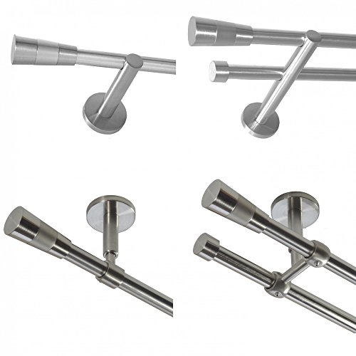 Gardinenstange mit Edelstahlrohr V2A 16mm Wandträger Deckenträger 1-läufig oder 2-läufig wählbar Modern Kegel E11 von Basit®, Design/Länge:H10 120cm einläufig von BASIT