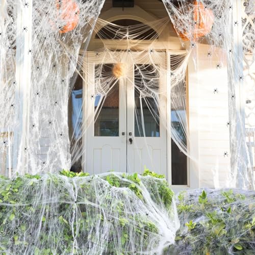100g Weiß Halloween Deko Spinnennetz+60 Stück Plastik Spinnen, Dehnbare Spinnennetze, Gruselig Halloween Dekoration Spinnweben, Horror Spukhaus Hof Grusel Deko Spinnennetze für Innen/Außen, Garten von BASTOUR