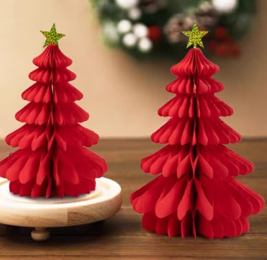 Papier Weihnachtsbaum Deko, Faltbaum Weihnachten Deko, Premium Wiederverwendbare Weihnachtsdeko, H32cm Tannenbaum Weihnachtsbaum Weihnachten Dekoration Tischdeko Weihnachtsdekoration Fenster (Rot) von BASTOUR