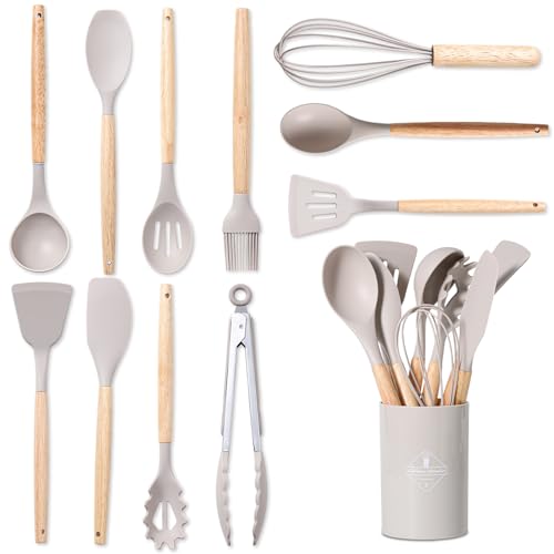 BASVII Küchenhelfer Set Silikon - 12 Stück Küchenutensilien Set aus Silikon und Holzgriffen, Hitzebeständig, Antihaft und Leicht zu Reinigen, Kochutensilien Set auf Alle Töpfe & Pfannen (Khaki) von BASVII