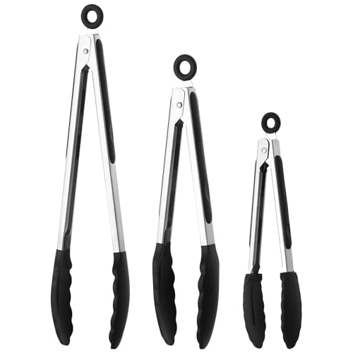 BASVII Grillzange Silikon 3er-Set, Zange Küche Aus Edelstahl Und Silikon, HochtemperaturbestäNdig, Mit Sicherheitsverschluss, Starker Griff, Küchenzange Silikon Geeignet Kochen Cooking (Schwarz) von BASVII