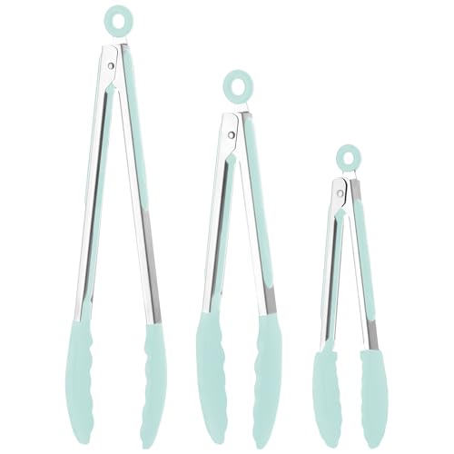 BASVII Grillzange Silikon Set 3 Stück - Küchenzange Silikon Hitzebeständige, Platzsparend Aufhängbar - 3 Verschiedene Größen Zange Küche, Barbecue Tongs (Grün) von BASVII