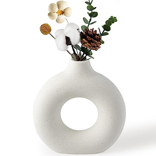BASVII Kleine Weiße Vase für Pampasgras - Boho Keramik Blumenvase Modern, Zimmer Aesthetic - Donut Rund für Wohnzimmer, Flur, Fensterbank, Esstisch (S) von BASVII
