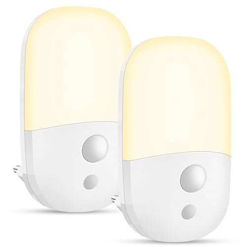 BASVII 2 Stück Nachtlicht Steckdose Mit Dämmerungssensor, LED Dimmbar, 3 Helligkeit, 3 Modi (Auto/An/Aus), 2700K Warmweiß Steckdosenlicht für Kinderzimmer, Treppen, Gang, Küche von BASVII
