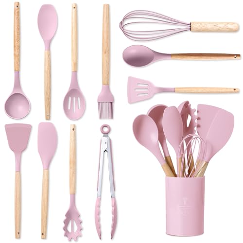 BASVII Silikon Küchenhelfer Set 12 Stück - Antihaft Küchenutensilien Set aus Hochwertigem Silikon, Leicht Reinigen, Kochutensilien Set mit Verbrühsicher Holzgriffen, Unverzichtbare Küchenset (Rosa) von BASVII