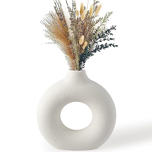 BASVII Kleine Vasen Deko - Weiße Vase für Pampasgras, Boho Deko Blumenvase, Keramik Vase Modern, Zimmer Deko Aesthetic - Donut Vase Rund für Deko Wohnzimmer, Flur, Fensterbank, Esstisch (L) von BASVII