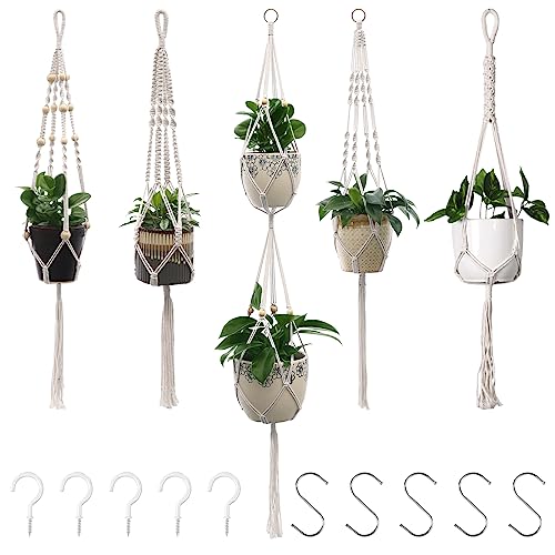 Makramee Blumenampel 5er Set, Boho Deko Baumwollseil Hängeampel Beige Blumentopf für Pflanzen Halter Aufhänger für Innen, Außen, Garten, Balkon, Terasse, Fenster von BASVII