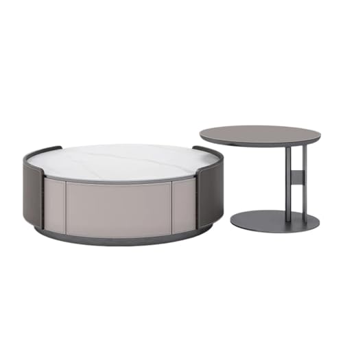 BASXDRFXZ Industrieller Stil Couchtisch und Beistelltisch-Set aus Leder mit Rock-Panel, runder luxuriöser Wohnzimmer-Couchtisch for kleine Wohnungen(70x70x30cm) von BASXDRFXZ