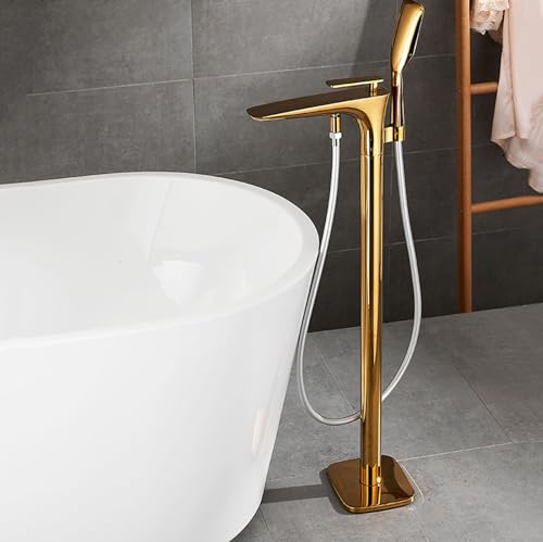 Badezimmer-Mischbatterie für freistehende Badewanne, heiß und kalt, 360° drehbar, freistehende Armaturen für Badewanne mit Handbrause, Gold charitable von BATCAR